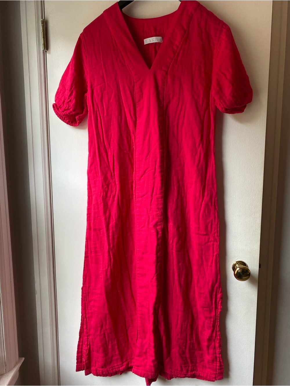 EILEEN FISHER V-Neck Linen Maxi Dress in Bright Red